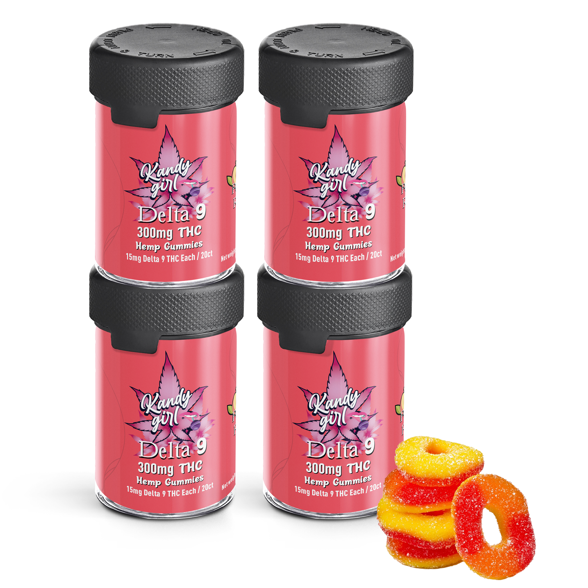 Delta 9 THC Gummies Peach Rings - Four Bottle Bundle (1200mg THC Total)