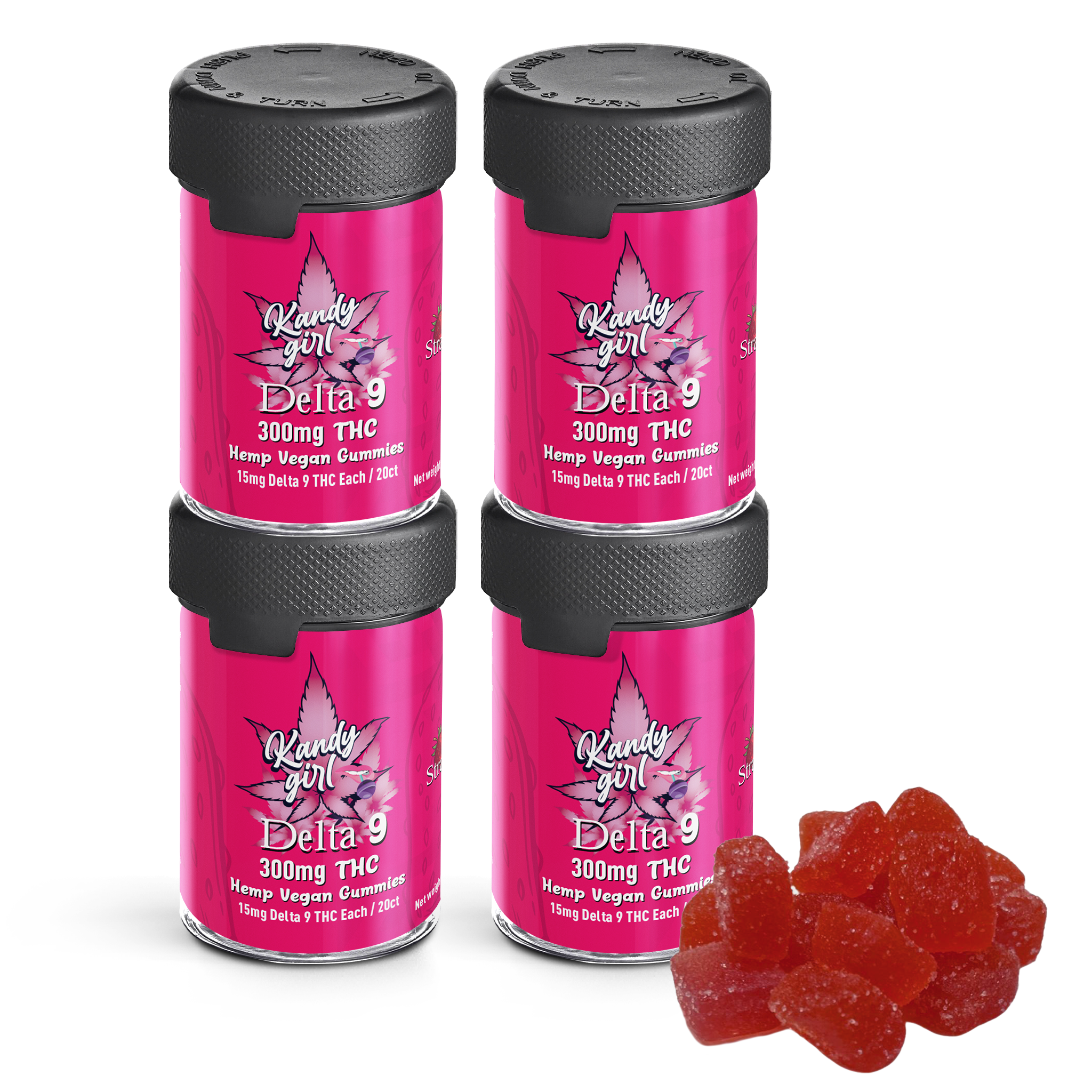 Delta 9 THC Gummies Strawberry Vegan - Four Bottle Bundle (1200mg THC Total)